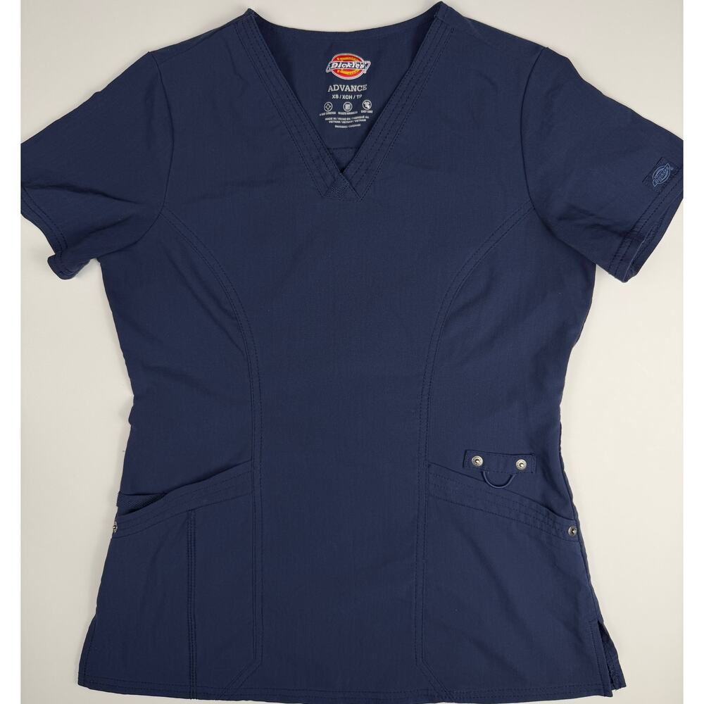 Dickies Advance Scrub Top Womens XS Navy Blue Stretch V Neck Medical